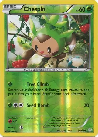 Chespin Reverse Holo Pokemon card from BREAKthrough