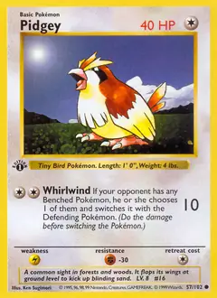 Pidgey Pokemon card from Base Set 1st Edition