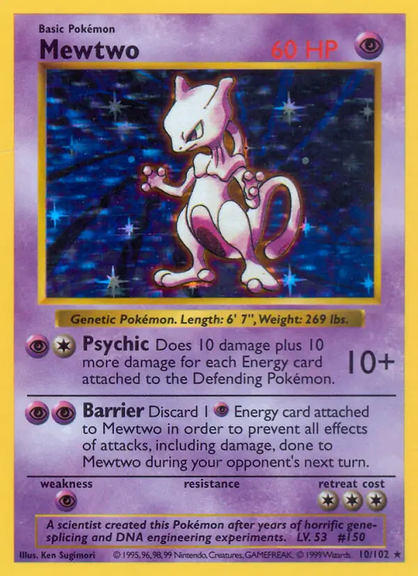 Mewtwo Holo Pokemon card from Base Set Shadowless