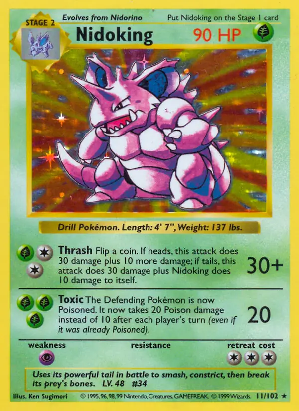 Nidoking Holo Pokemon card from Base Set Shadowless