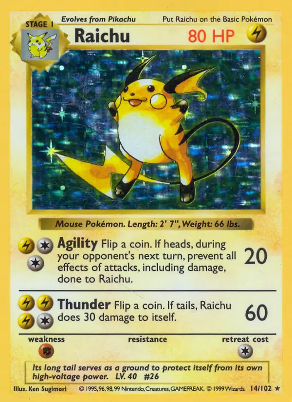Raichu Holo Pokemon card from Base Set Shadowless