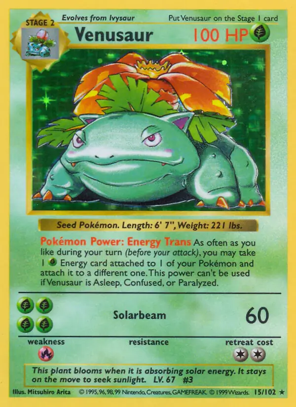 Venusaur Holo Pokemon card from Base Set Shadowless