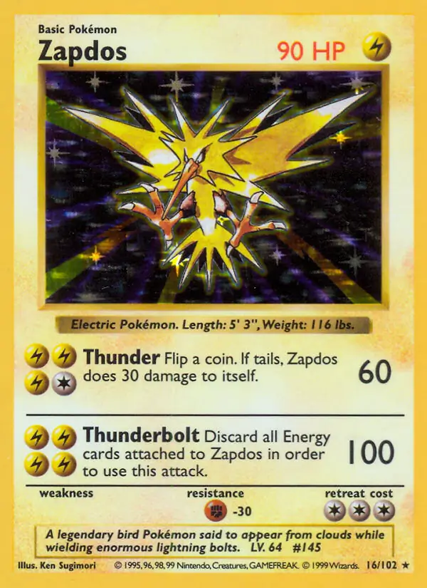 Zapdos Holo Pokemon card from Base Set Shadowless