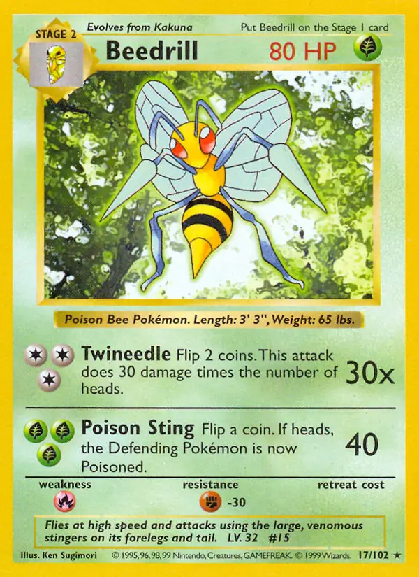 Beedrill Pokemon card from Base Set Shadowless