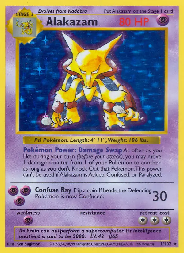 Alakazam Holo Pokemon card from Base Set Shadowless