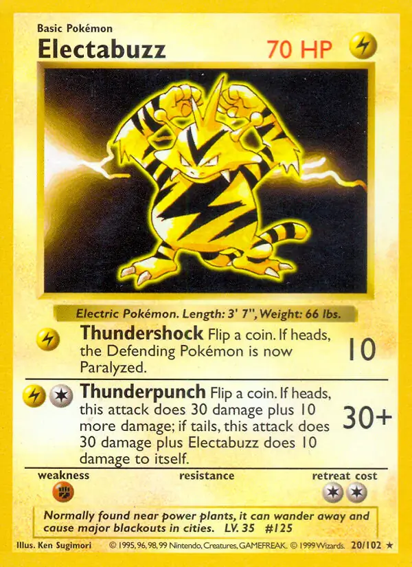 Electabuzz Pokemon card from Base Set Shadowless