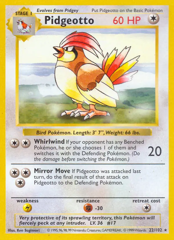 Pidgeotto Pokemon card from Base Set Shadowless