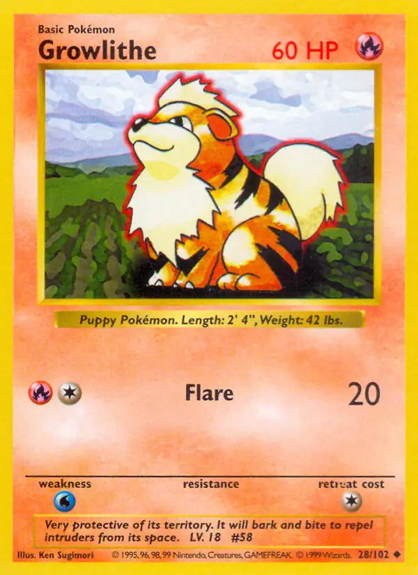 Growlithe Pokemon card from Base Set Shadowless