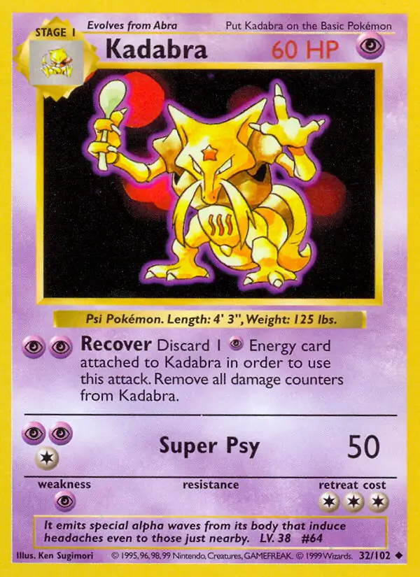 Kadabra Pokemon card from Base Set Shadowless
