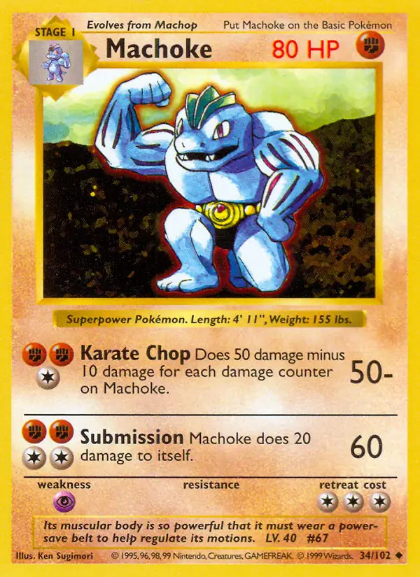 Machoke Pokemon card from Base Set Shadowless