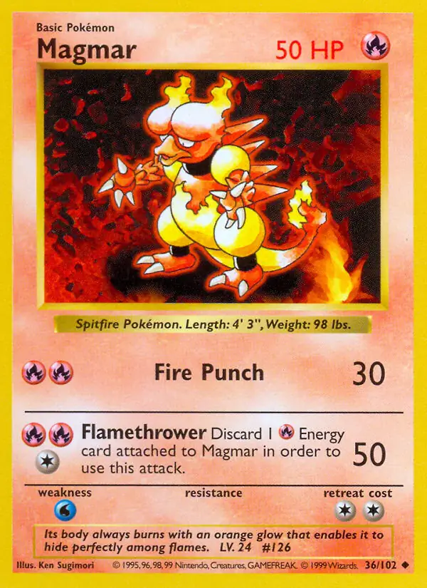 Magmar Pokemon card from Base Set Shadowless