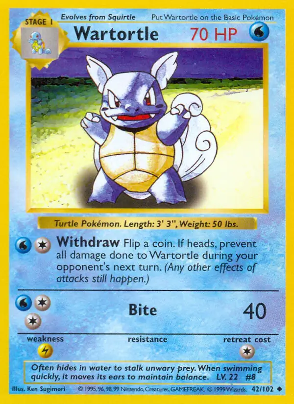 Wartortle Pokemon card from Base Set Shadowless