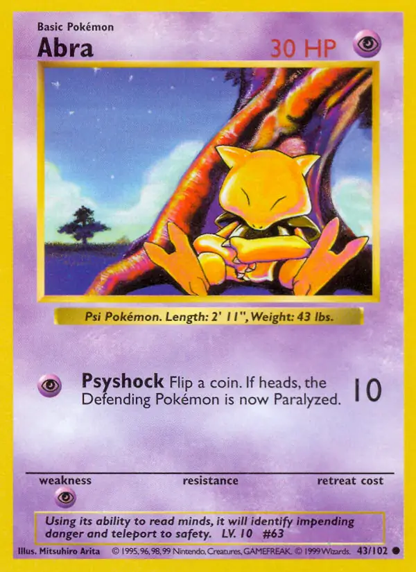 Abra Pokemon card from Base Set Shadowless