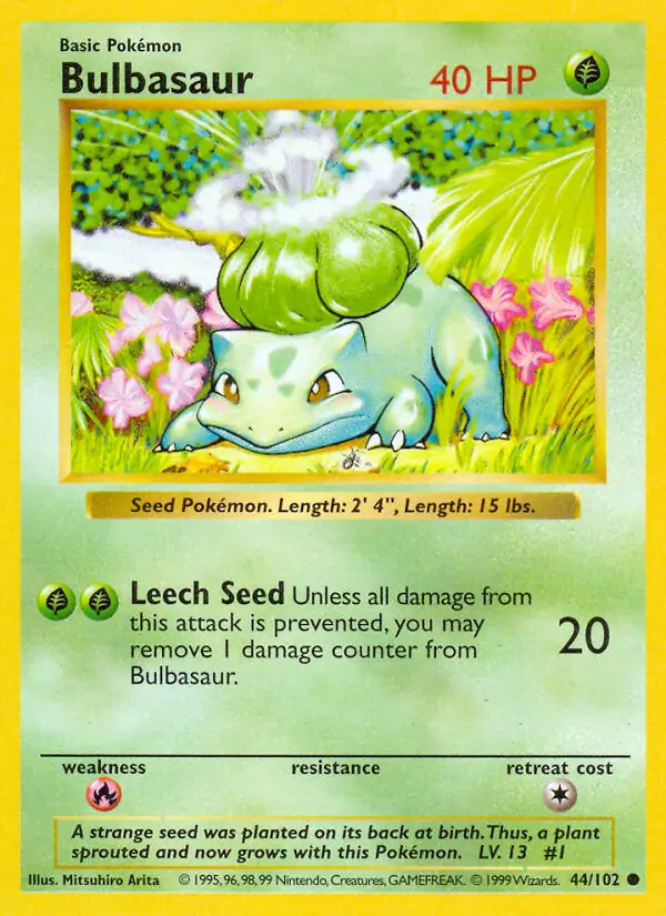 Bulbasaur Pokemon card from Base Set Shadowless
