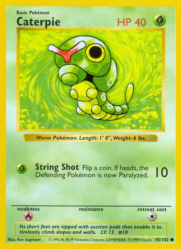 Caterpie Pokemon card from Base Set Shadowless