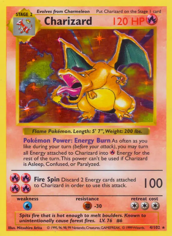 Charizard Holo Pokemon card from Base Set Shadowless