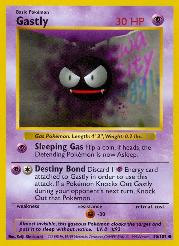 Gastly Pokemon card from Base Set Shadowless