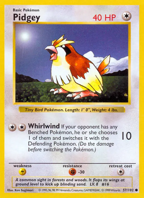 Pidgey Pokemon card from Base Set Shadowless