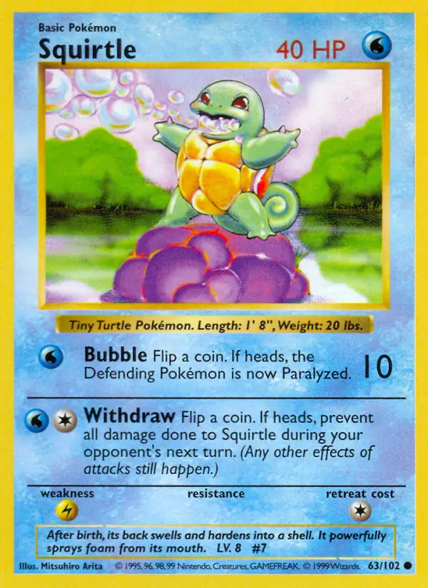 Squirtle Pokemon card from Base Set Shadowless