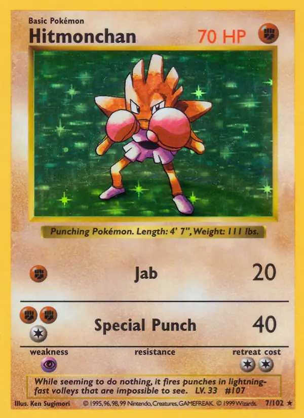 Hitmonchan Holo Pokemon card from Base Set Shadowless