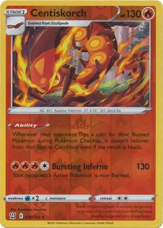 Centiskorch Reverse Holo Pokemon card from Battle Styles