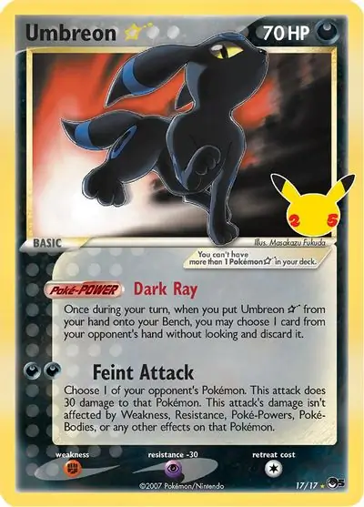 Umbreon Gold Star Pokemon card from Celebrations: Classic Collection