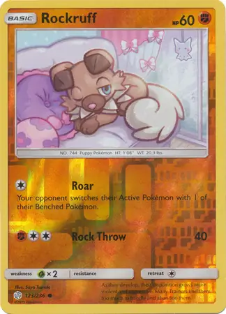 Rockruff Reverse Holo Pokemon card from Cosmic Eclipse
