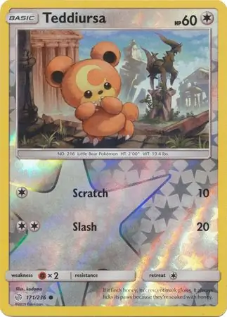 Teddiursa Reverse Holo Pokemon card from Cosmic Eclipse