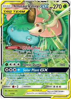 Venusaur & Snivy GX Pokemon card from Cosmic Eclipse