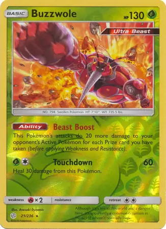 Buzzwole Reverse Holo Pokemon card from Cosmic Eclipse