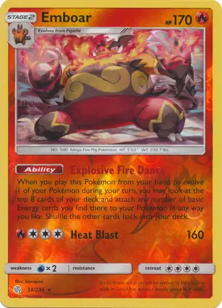 Emboar Reverse Holo Pokemon card from Cosmic Eclipse