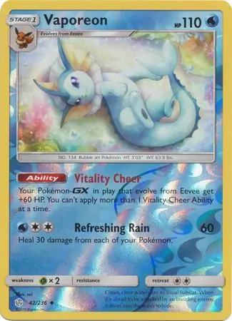 Vaporeon Reverse Holo Pokemon card from Cosmic Eclipse