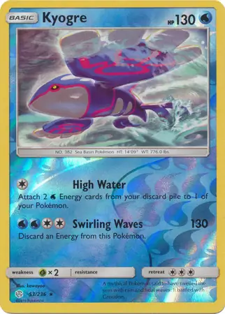 Kyogre Reverse Holo Pokemon card from Cosmic Eclipse