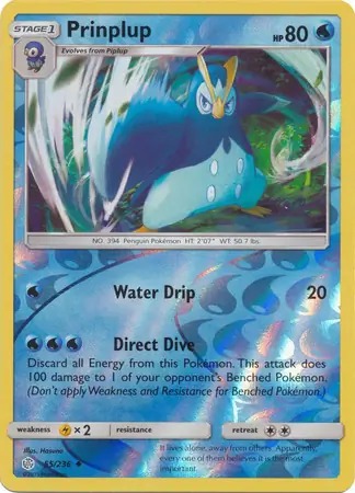 Prinplup Reverse Holo Pokemon card from Cosmic Eclipse