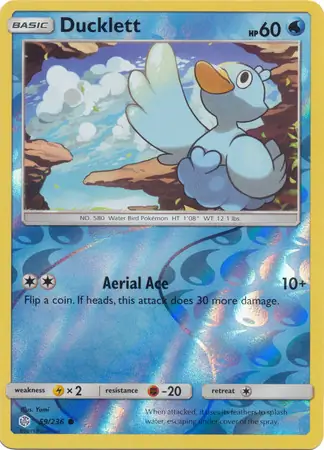 Ducklett Reverse Holo Pokemon card from Cosmic Eclipse