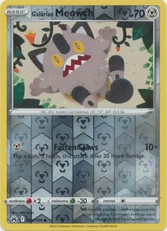 Galarian Meowth Reverse Holo Pokemon card from Crown Zenith