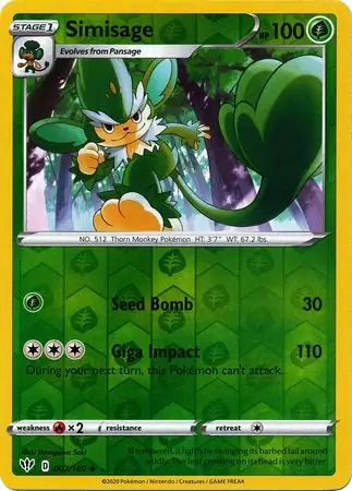 Simisage Reverse Holo Pokemon card from Darkness Ablaze