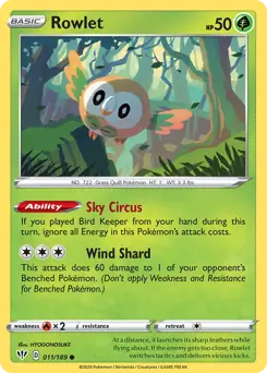 Rowlet Pokemon card from Darkness Ablaze