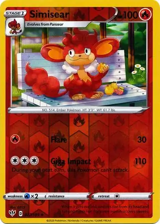 Simisear Reverse Holo Pokemon card from Darkness Ablaze