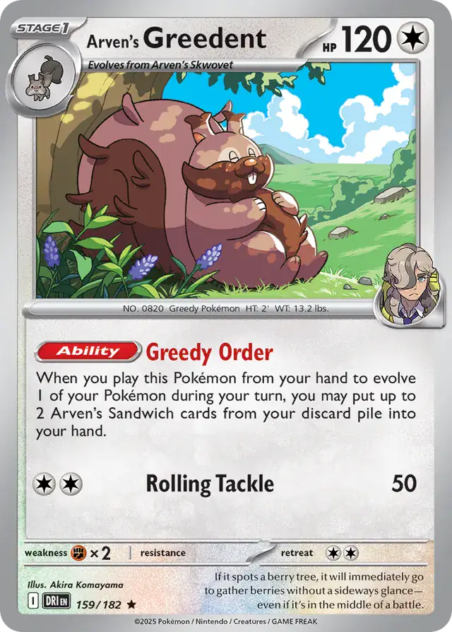 Arven's Greedent Pokemon card from Destined Rivals