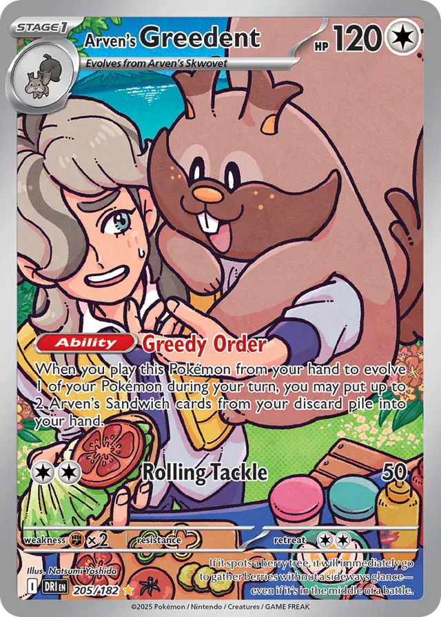 Arven's Greedent Pokemon card from Destined Rivals