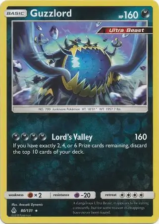 Guzzlord Reverse Holo Pokemon card from Forbidden Light