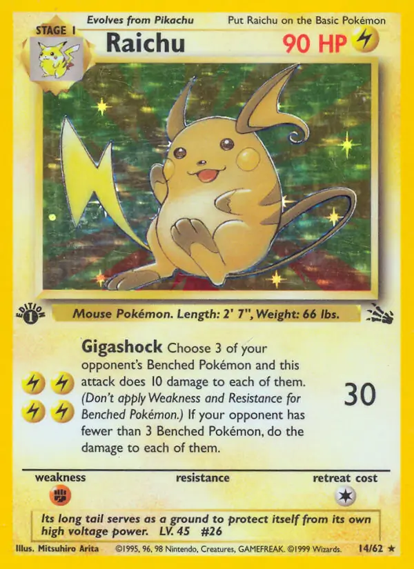 Raichu Holo Pokemon card from Fossil 1st Edition