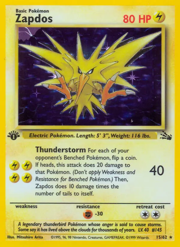 Zapdos Holo Pokemon card from Fossil 1st Edition
