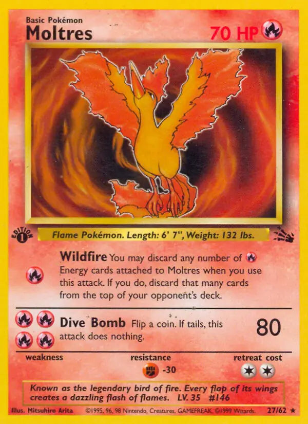 Moltres Pokemon card from Fossil 1st Edition