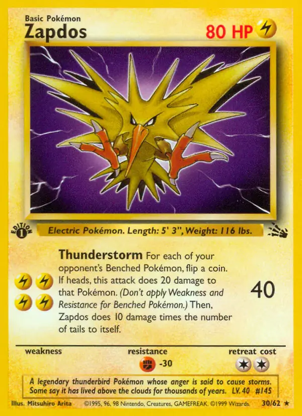 Zapdos Pokemon card from Fossil 1st Edition