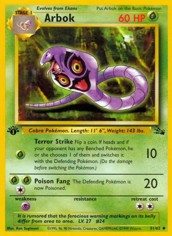 Arbok Pokemon card from Fossil 1st Edition