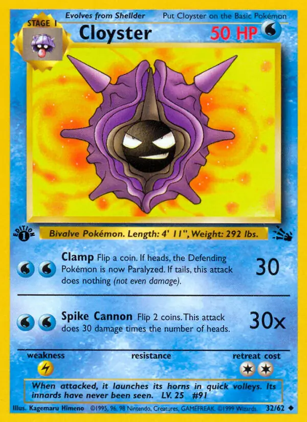 Cloyster Pokemon card from Fossil 1st Edition