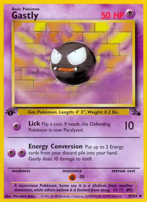 Gastly Pokemon card from Fossil 1st Edition