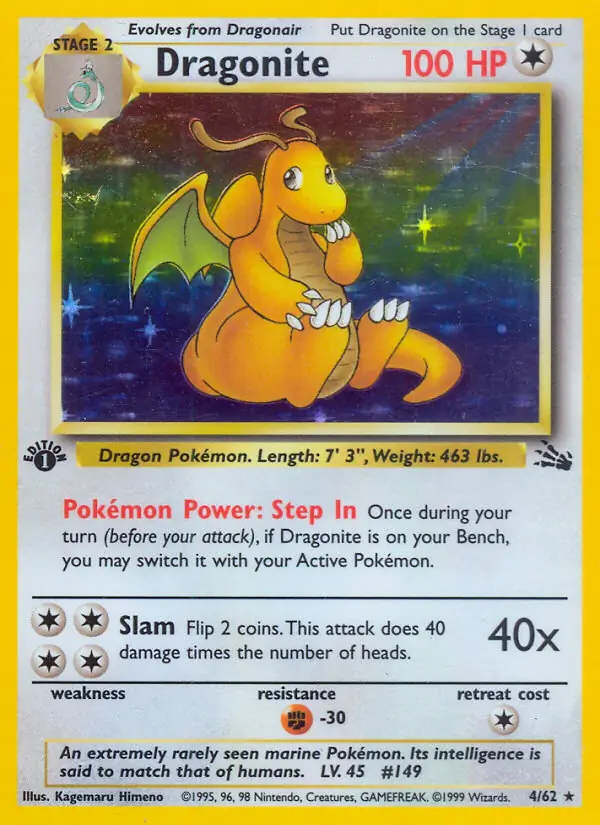 Dragonite Holo Pokemon card from Fossil 1st Edition